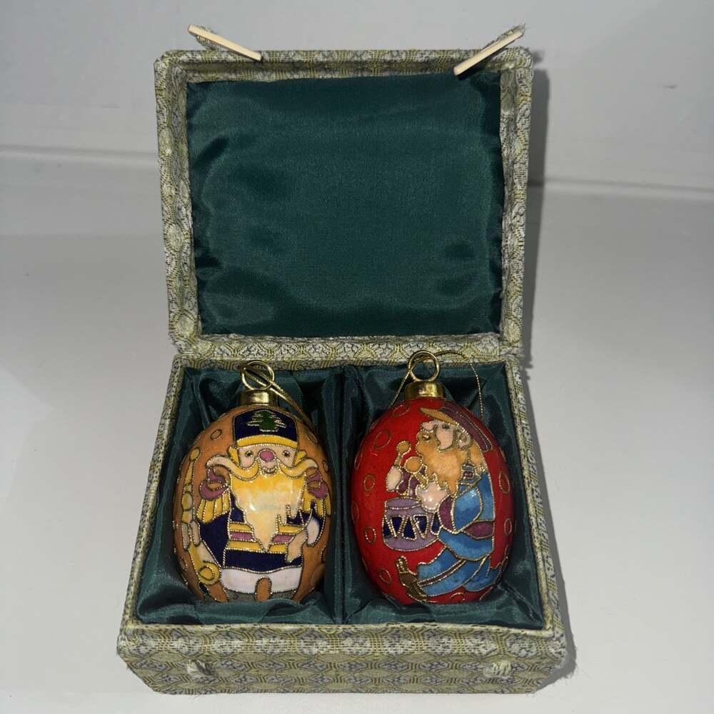 Vintage Cloisonné Enamel Egg Christmas Ornaments Set Of 2 Gold Red Blue Unique